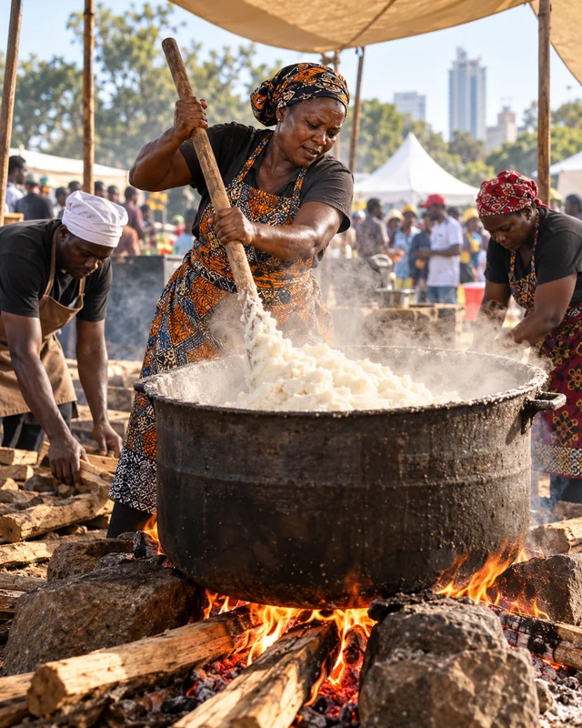A cook stirs a huge steaming pot of ugali over a firewood hearth