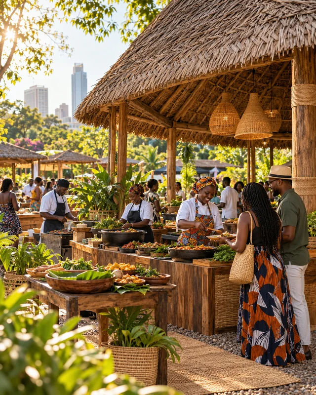 Kenyan cooks welcome guests inside a makuti pavilion at a Nairobi food festival