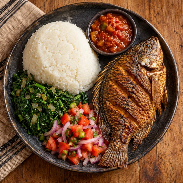Ugali served with fried fish, sukuma wiki and fresh kachumbari